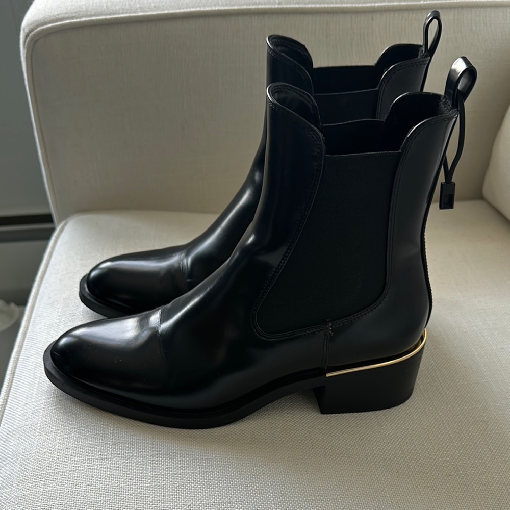 Zara Black Leather Ankle Boots with Gold Accent